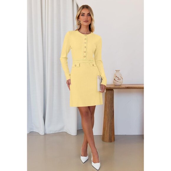 Fall 25 Long Sleeve Bodycon Light Yellow Sweater Dress Women Winter Formal Mini - Picture 2 of 6